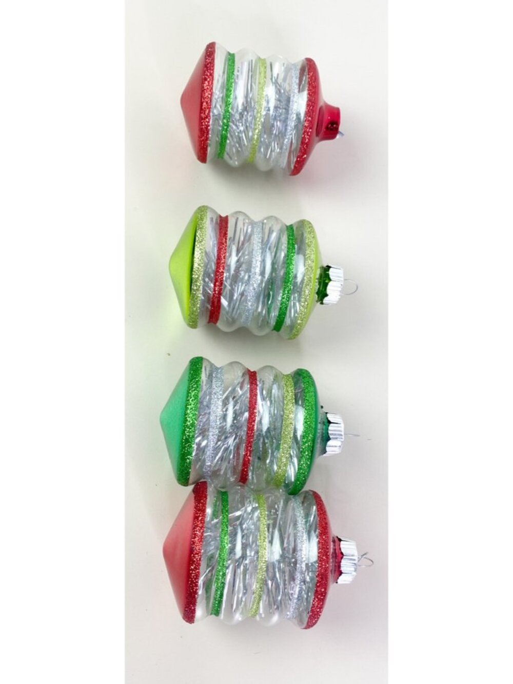 VTG Radko Shine Brite Ornament (Lot of 4) Tornado Cylinder Clear Striped  EUC